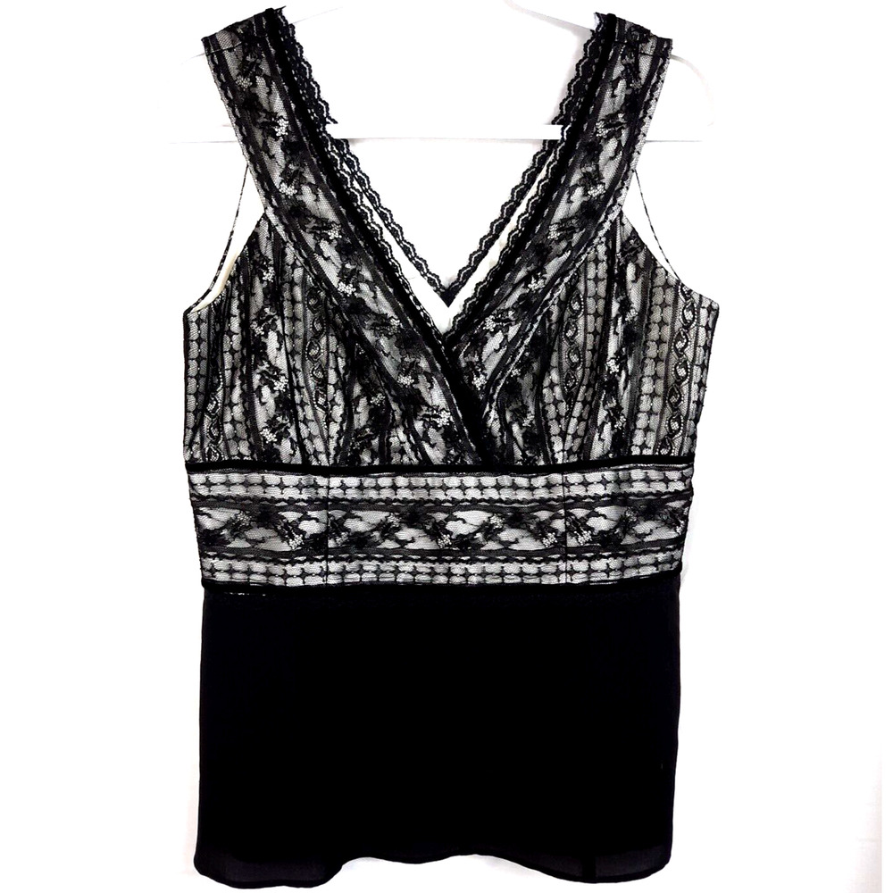 ANN TAYLOR Y2K Satin Sheer Lace Babydoll Cami Top Size 8 Black Regencycore Goth